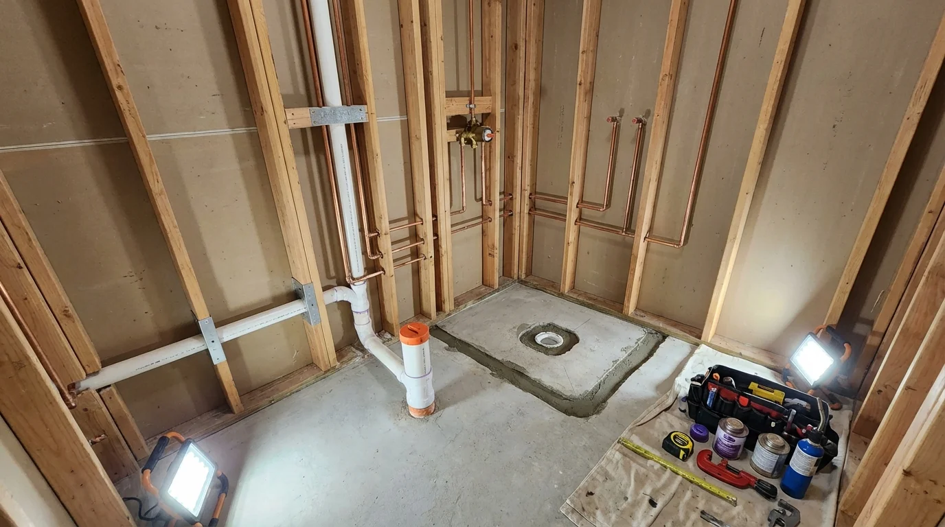 Bathroom rough-in plumbing during remodel by Johns Plumbing LLC in Hebron