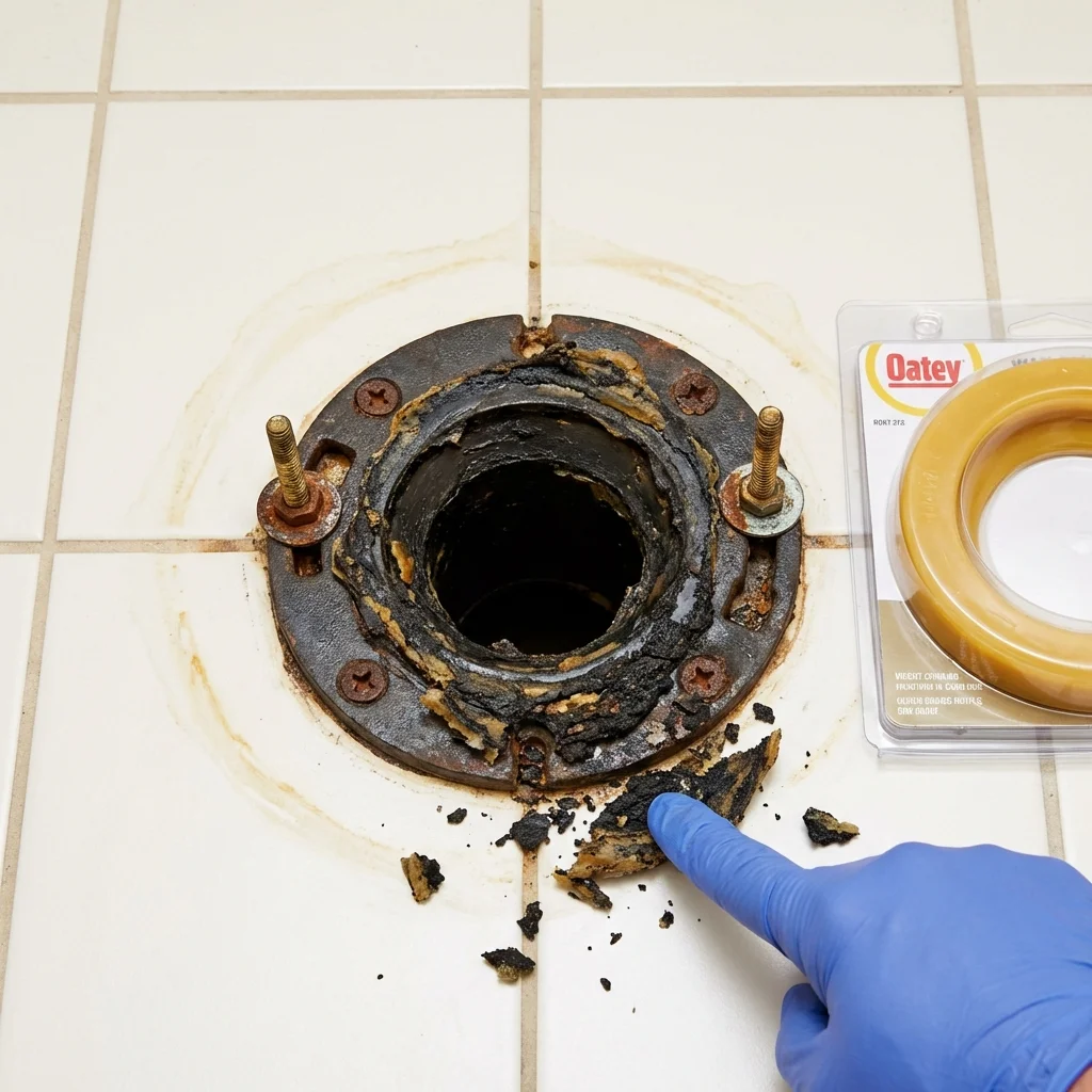 Failed wax ring showing water seepage at the base of a toilet in a Hebron, IN home