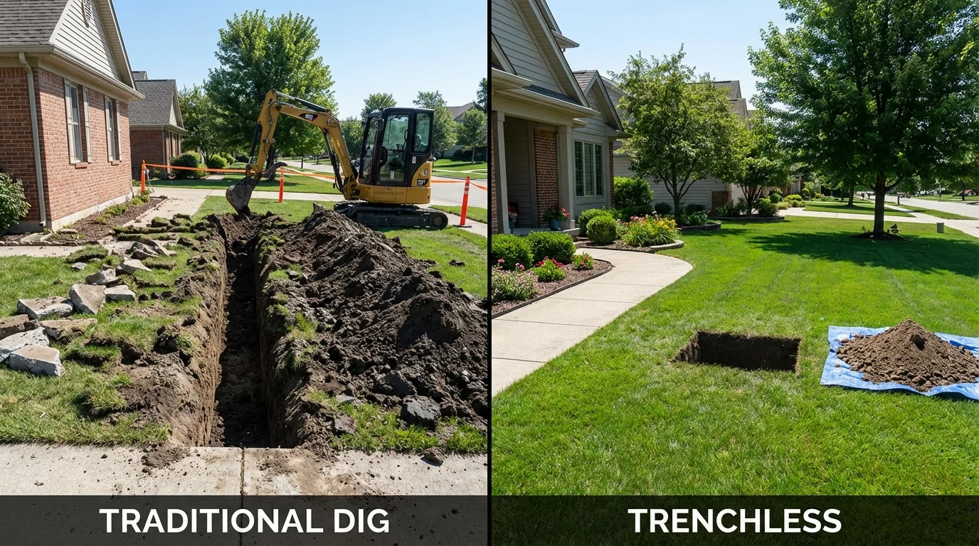Trenchless sewer repair with minimal yard damage versus traditional excavation in Hebron, IN